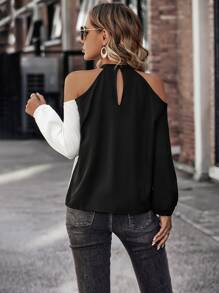SHEIN Unity Two Tone Cold Shoulder Blouse - Black and White - View 2