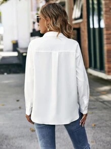 SHEIN Frenchy Patched Pocket Drop Shoulder Shirt,Long Sleeve Tops Winter White - White - View 2