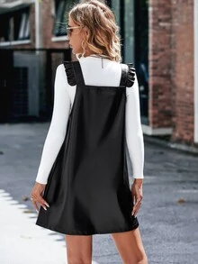 SHEIN Frenchy Ruffle Trim PU Leather Pinafore Dress Without Tee - Black - View 2