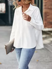 SHEIN Frenchy Patched Pocket Drop Shoulder Shirt,Long Sleeve Tops Winter White - White - View 4