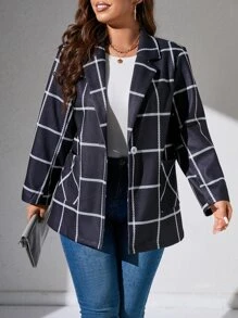 SHEIN Unity Plus Plaid Print Lapel Neck Coat - Navy Blue - View 3