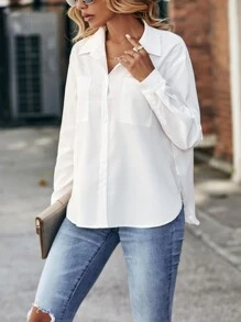 SHEIN Frenchy Patched Pocket Drop Shoulder Shirt,Long Sleeve Tops Winter White - White - View 5