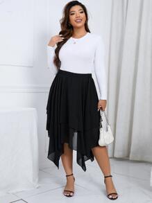 Flirla Plus Asymmetrical Hem Skirt - Black - View 3