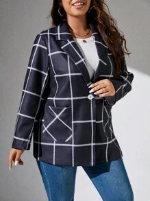 SHEIN Unity Plus Plaid Print Lapel Neck Coat - Navy Blue - View 5