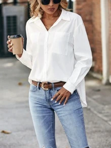 SHEIN Frenchy Patched Pocket Drop Shoulder Shirt,Long Sleeve Tops Winter White - White - View 6