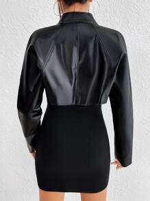 SHEIN BAE Cut Out Mock Neck Crop PU Jacket - Black - View 2