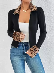 SHEIN Essnce Leopard Borg Collar Zipper Jacket - Black - View 1