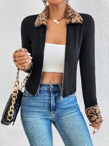 SHEIN Essnce Leopard Borg Collar Zipper Jacket - Black - View 4