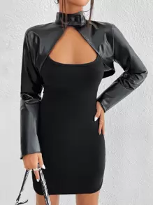 SHEIN BAE Cut Out Mock Neck Crop PU Jacket - Black - View 3
