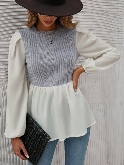 Two Tone Lantern Sleeve Peplum 2 In 1 Top