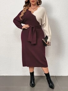 Modelyn Plus Two Tone Batwing Sleeve Belted Jumper Dress - Maroon - View 4