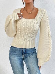 SHEIN Privé Jersey de cuello cuadrado tejido de cable - Beis - Ver 3