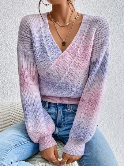 Chiquease Ombre Drop Shoulder Cable Knit Sweater,Long Sleeve Tops Knit Pullover Fall Winter Sweater