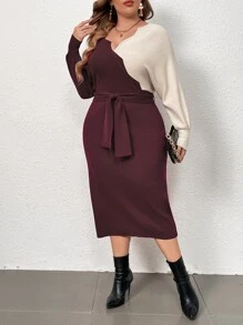 Modelyn Plus Two Tone Batwing Sleeve Belted Jumper Dress - Maroon - View 5