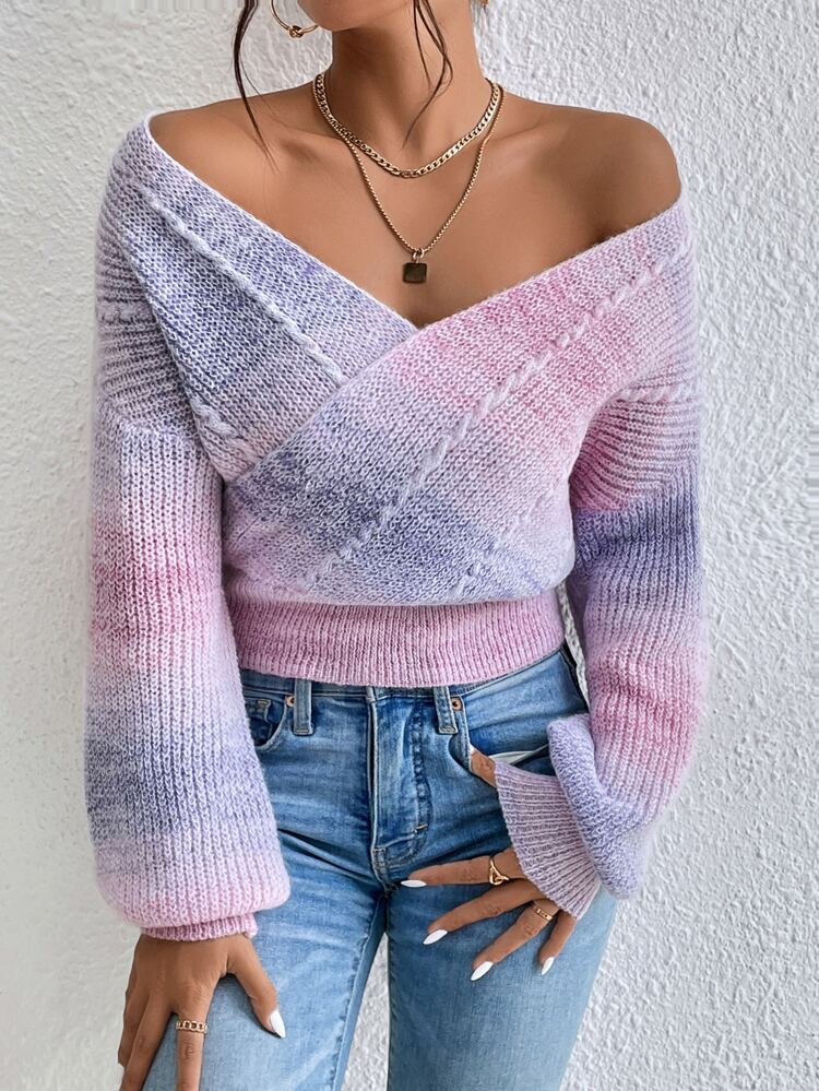 Ombre Drop Shoulder Cable Knit Sweater,Long Sleeve Tops Knit Pullover Fall Winter Sweater