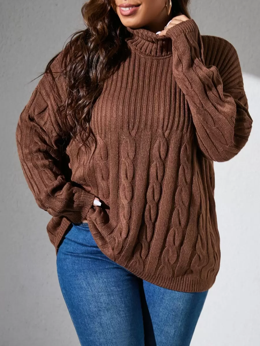 Plus Turtleneck Cable Knit Drop Shoulder Jumper - Chocolate Brown - View 1