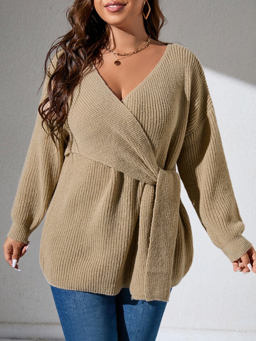 Flirla Plus Drop Shoulder Wrap Knot Side Sweater Knit Pullover Fall Winter - Khaki - View 1