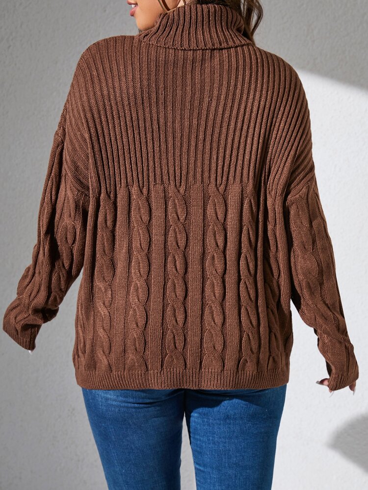 Plus Turtleneck Cable Knit Drop Shoulder Sweater, For Winter Knit Pullover Fall Autumn