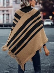 SHEIN Privé Striped Pattern Fringe Trim Knit Poncho Jumper - Multicolor - View 2