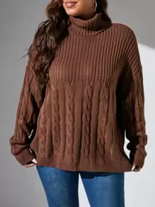 Plus Turtleneck Cable Knit Drop Shoulder Jumper - Chocolate Brown - View 3
