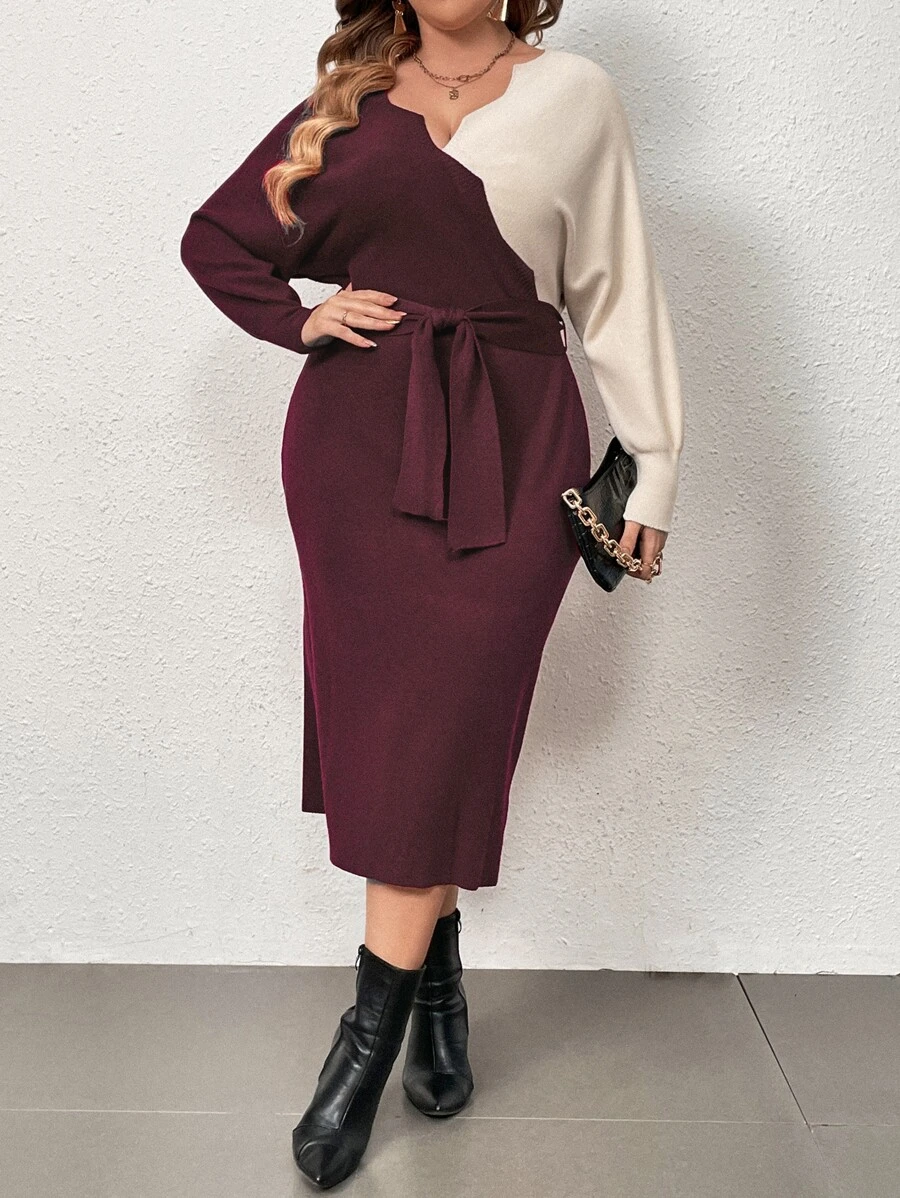 Modelyn Plus Two Tone Batwing Sleeve Belted Jumper Dress - Maroon - View 1