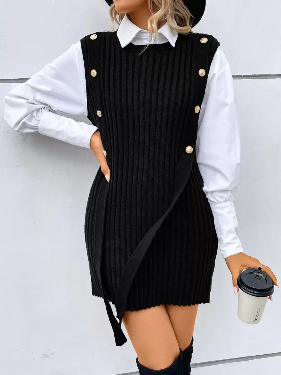 SHEIN Essnce Button Detail Ribbed Knit Sweater Vest Without Blouse - Black - View 1