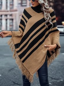 SHEIN Privé Striped Pattern Fringe Trim Knit Poncho Jumper - Multicolor - View 4