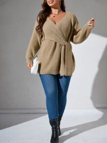 Flirla Plus Drop Shoulder Wrap Knot Side Sweater Knit Pullover Fall Winter - Khaki - View 5
