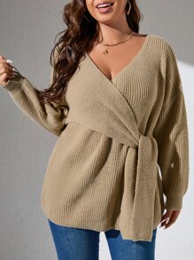 Flirla Plus Drop Shoulder Wrap Knot Side Sweater Knit Pullover Fall Winter - Khaki - View 6