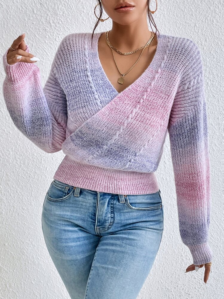 Ombre Drop Shoulder Cable Knit Sweater,Long Sleeve Tops Knit Pullover Fall Winter Sweater