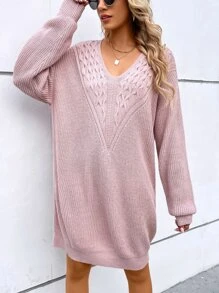 SHEIN Clasi Cable Knit Jumper Dress Without Belt - Baby Pink - View 3