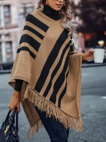 SHEIN Privé Striped Pattern Fringe Trim Knit Poncho Jumper - Multicolor - View 5