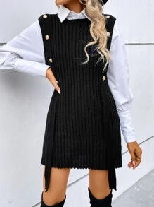 SHEIN Essnce Button Detail Ribbed Knit Sweater Vest Without Blouse - Black - View 4