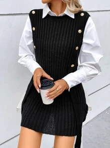 SHEIN Essnce Button Detail Ribbed Knit Sweater Vest Without Blouse - Black - View 5