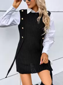 SHEIN Essnce Button Detail Ribbed Knit Sweater Vest Without Blouse - Black - View 6