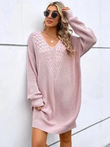 SHEIN Clasi Cable Knit Jumper Dress Without Belt - Baby Pink - View 6