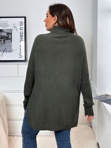 SHEIN LUNE Plus Turtleneck Batwing Sleeve Split Hem Jumper - Dark Green - View 2