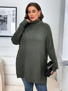 SHEIN LUNE Plus Turtleneck Batwing Sleeve Split Hem Jumper - Dark Green - View 4