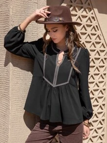 Rusttydustty Contrast Tape Notched Neckline Peplum Blouse - Black - View 1