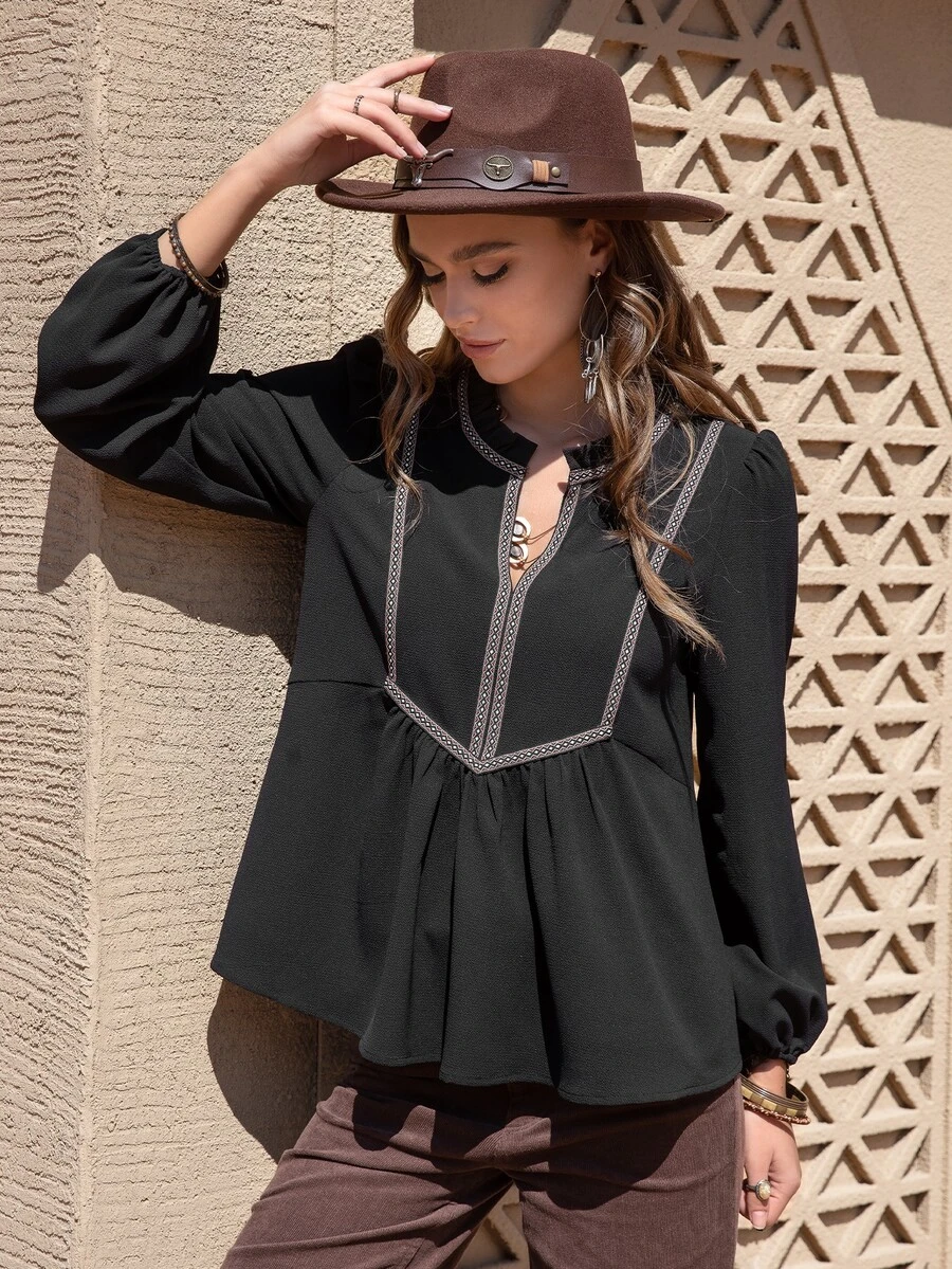 Rusttydustty Contrast Tape Notched Neckline Peplum Blouse - Black - View 1