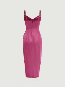 SHEIN BAE Vestido de tirantes unicolor escote drapeado fruncido de muslo con abertura de satén - Rosa Fucsia - Ver 2
