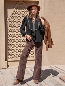 Rusttydustty Contrast Tape Notched Neckline Peplum Blouse - Black - View 3