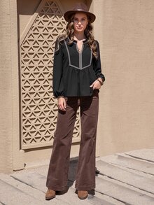 Rusttydustty Contrast Tape Notched Neckline Peplum Blouse - Black - View 4