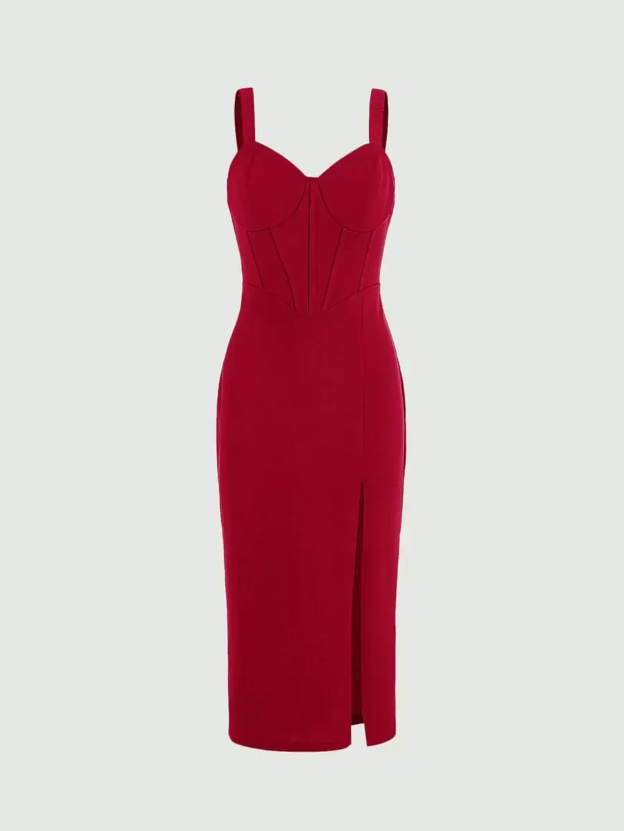 SHEIN MOD Solid Split Thigh Cami Dress - Burgundy - View 1