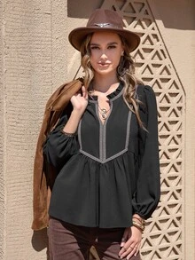 Rusttydustty Contrast Tape Notched Neckline Peplum Blouse - Black - View 5