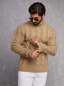 Manfinity Men Cable Knit Turtleneck Jumper - Khaki - View 4