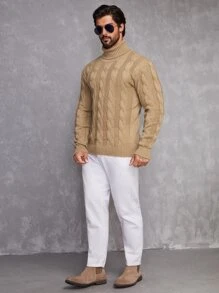 Manfinity Men Cable Knit Turtleneck Jumper - Khaki - View 5