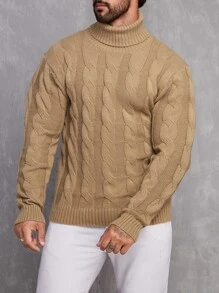Manfinity Men Cable Knit Turtleneck Jumper - Khaki - View 6