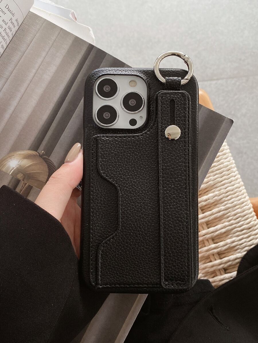 Card Slot Phone Case With Hand Strap - Black - View 1