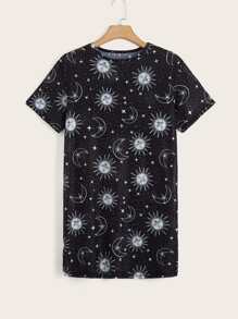 SHEIN EZwear Sun & Moon Print Tee Dress - Black - View 1